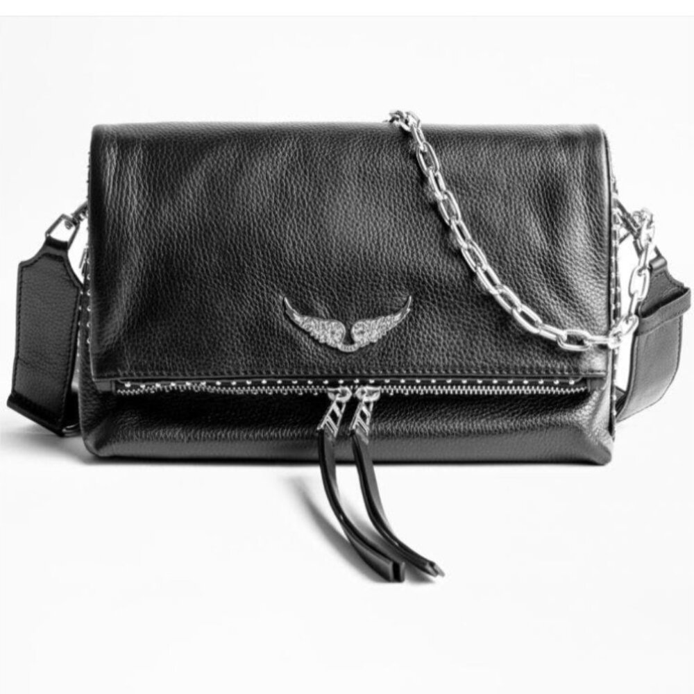 Zadig & Voltaire Rocky Studded Grained Leather Bag in Noir (black, crossbody)